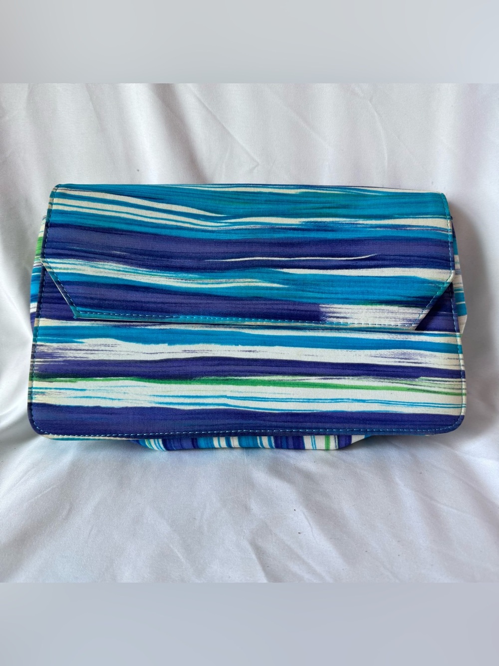 Vintage J. Renee Blue White Striped Clutch Shoulder Bag Strap Gold Chain 1980s
